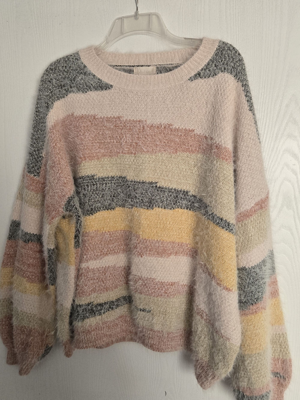Altar'd State Oversized Pastel Stripe Fuzzy Knit Crewneck